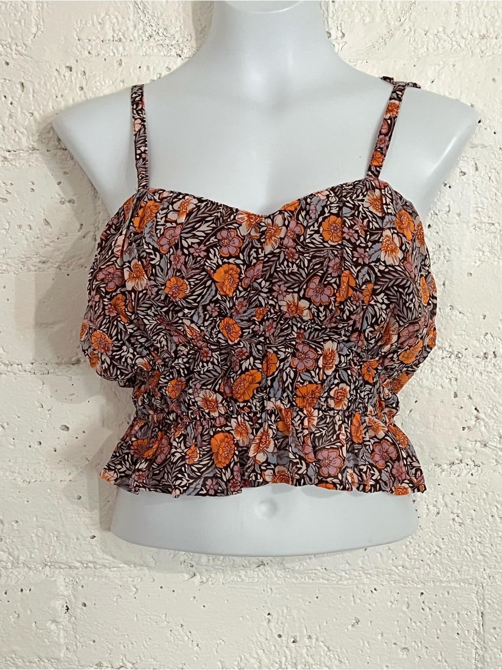 Japna Womens Crop Cami Tank Top L Brown Orange Purple Floral Y2K C11